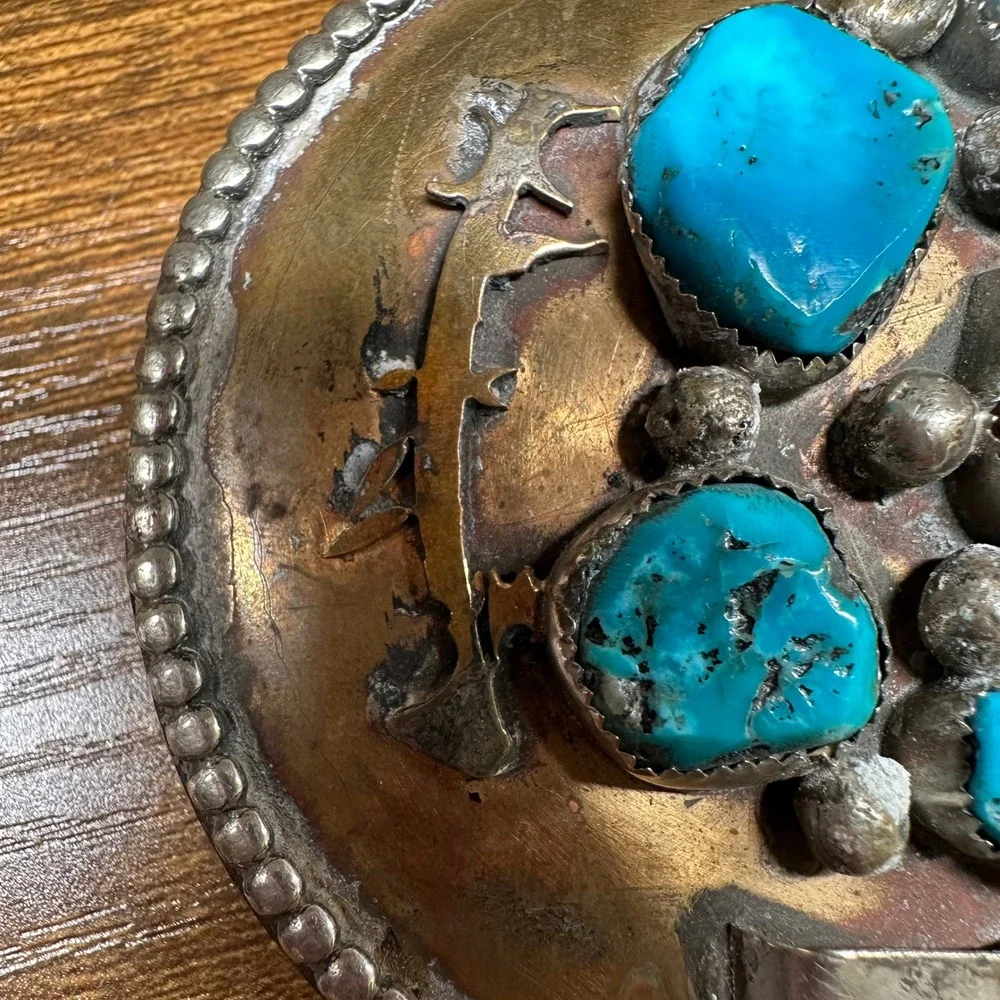 Vintage OE Native American Style Turquoise Red Coral Mixed Metal Belt Buckle